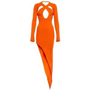 David Koma Orange Rib Knit Cutout Halter Long Sleeve Asymmetrical Hem Midi Dress